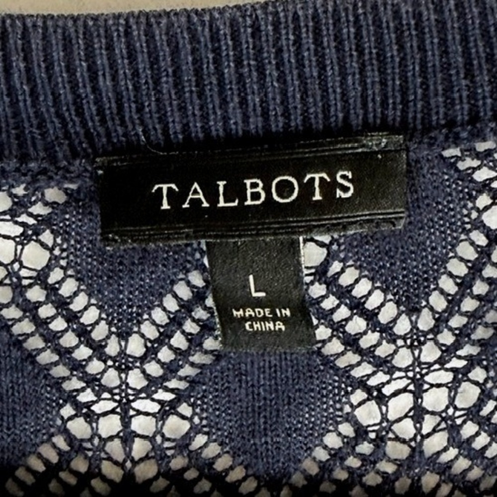 Talbots Navy Blue Pointelle Knit Short Sleeve Button Front Cardigan Sweater L - Picture 4 of 7
